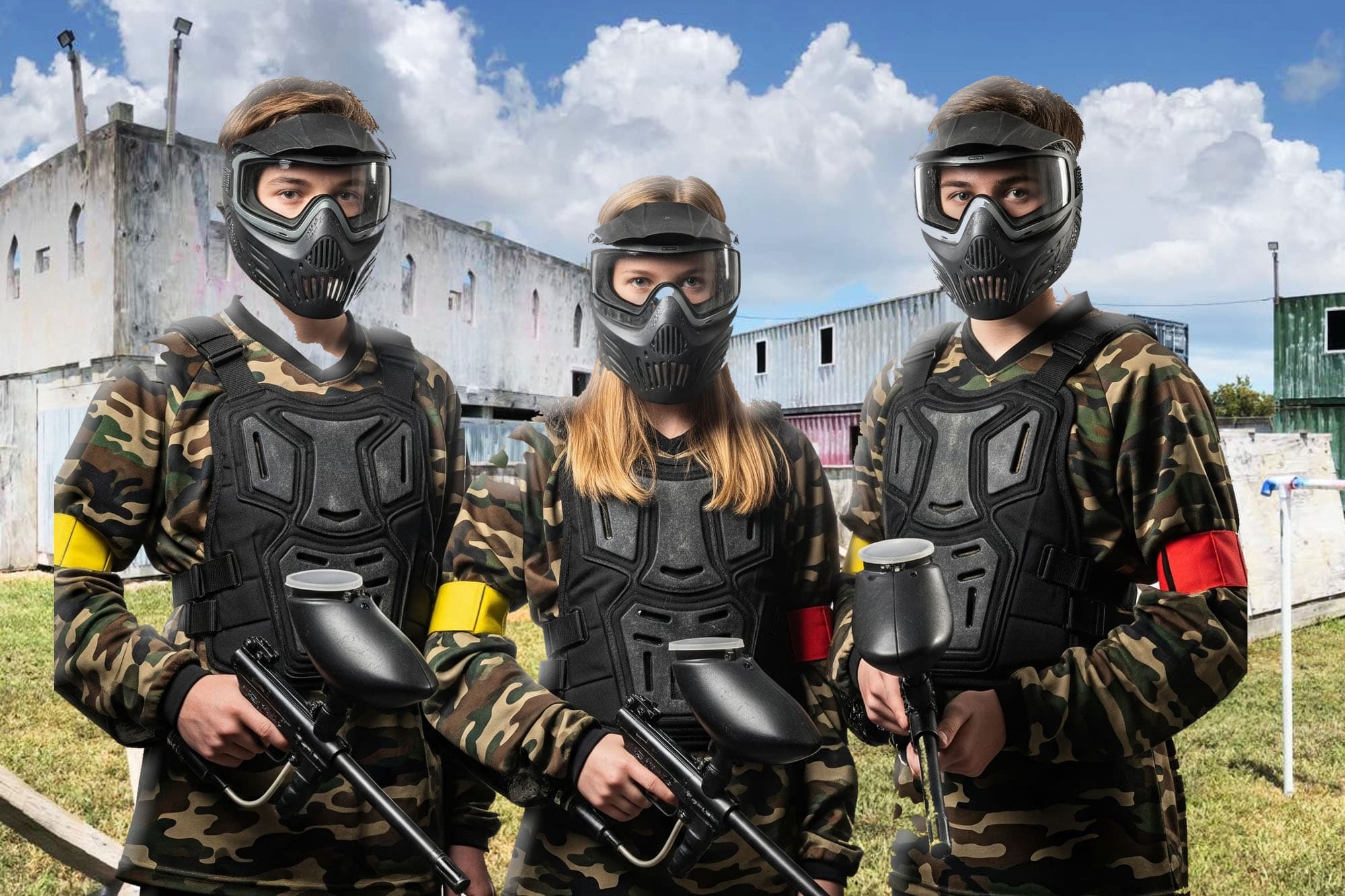 Team of paintball players ready with markers in outdoor arena
