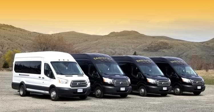 Fleet of passenger vans parked on rural road with hills backdrop
