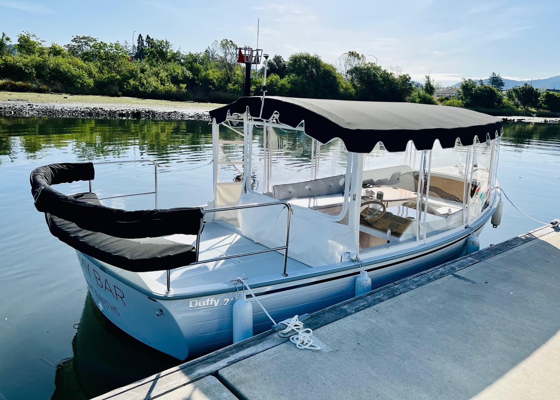 Docked scenic gondola moored at Napa riverfront pier