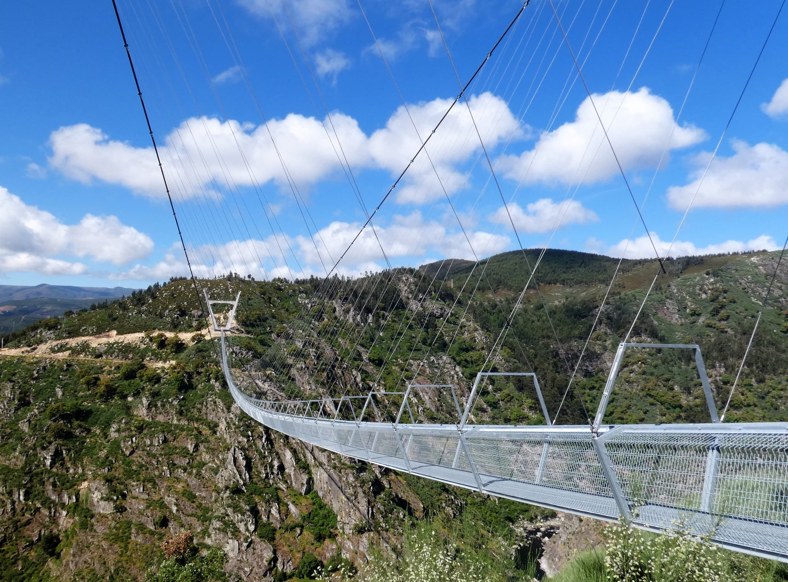 Suspension bridge spanning canyon with panoramic mountain views