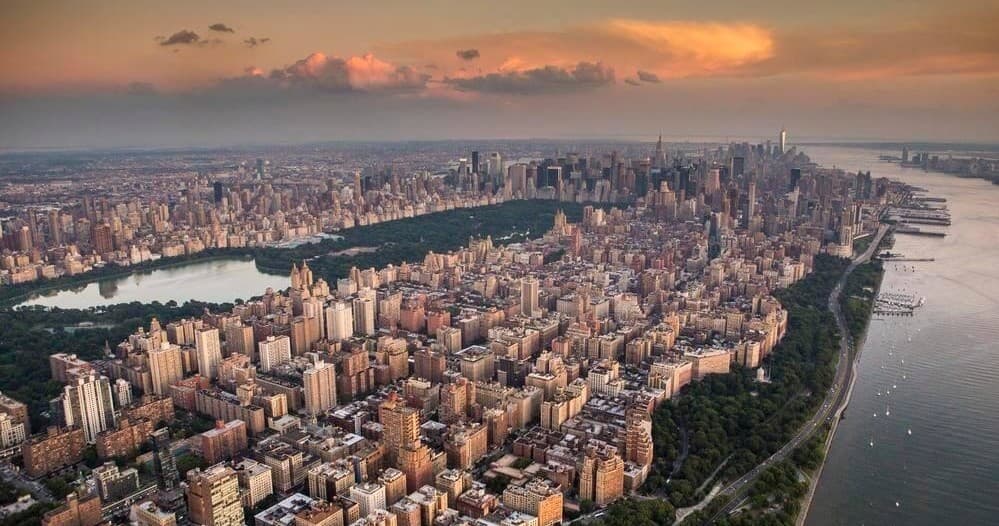 Aerial Manhattan skyline at sunset for New York walking tour