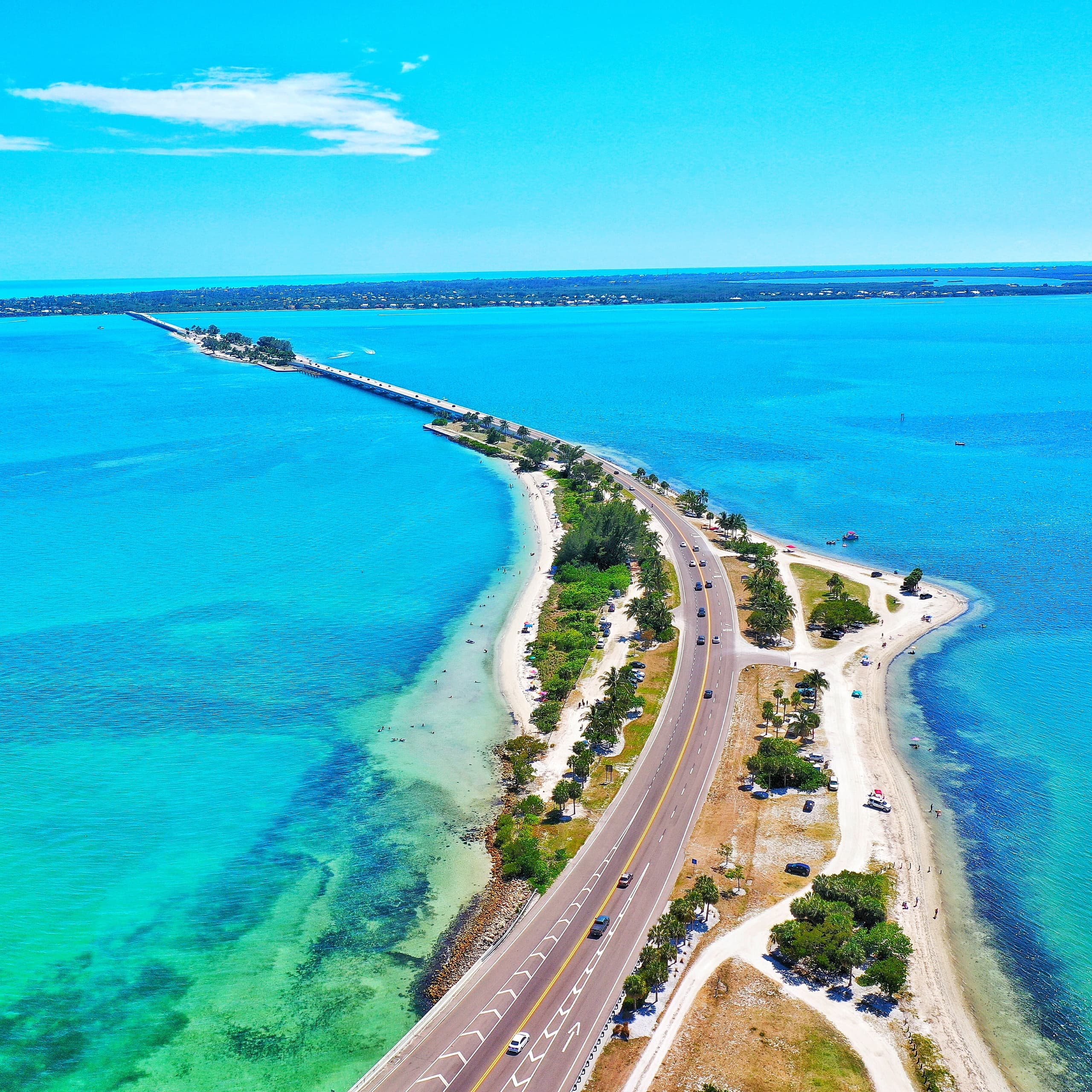 Aerial view of scenic turquoise keys and coastal bridge