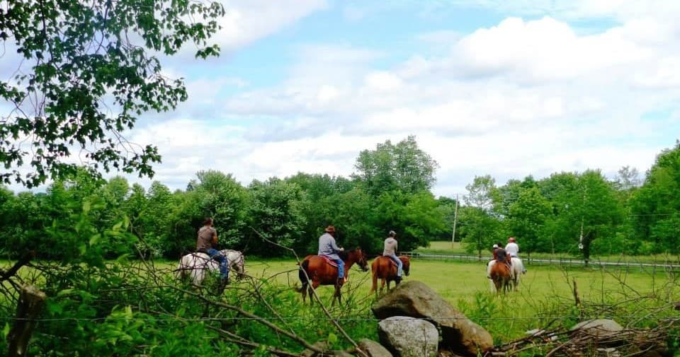 Horseback riders crossing scenic meadow near stone wall