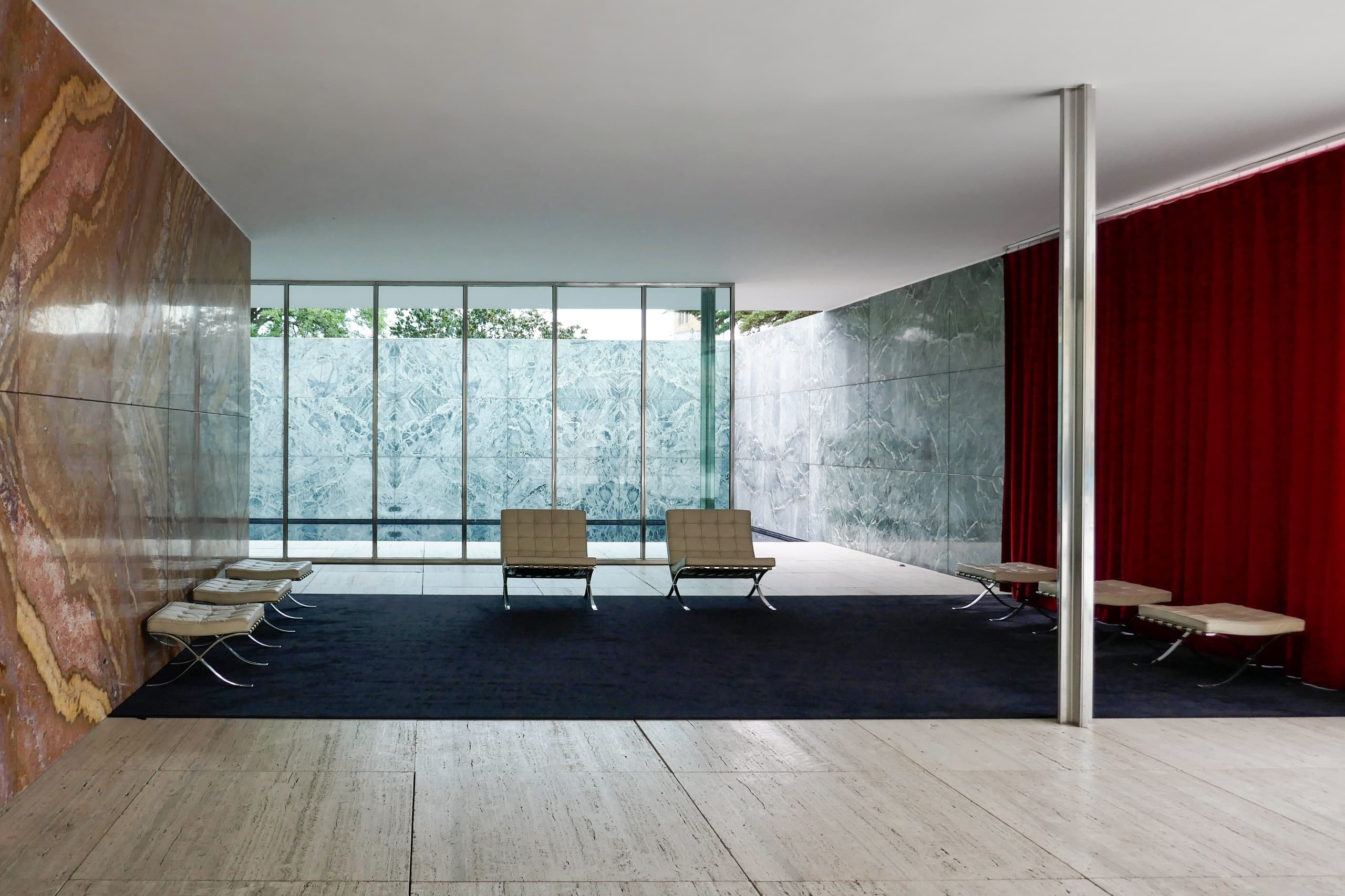 Modernist indoor pavilion interior at Barcelona architecture site