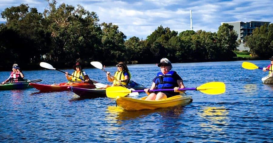 Kayak tour with several paddlers on open water near trees