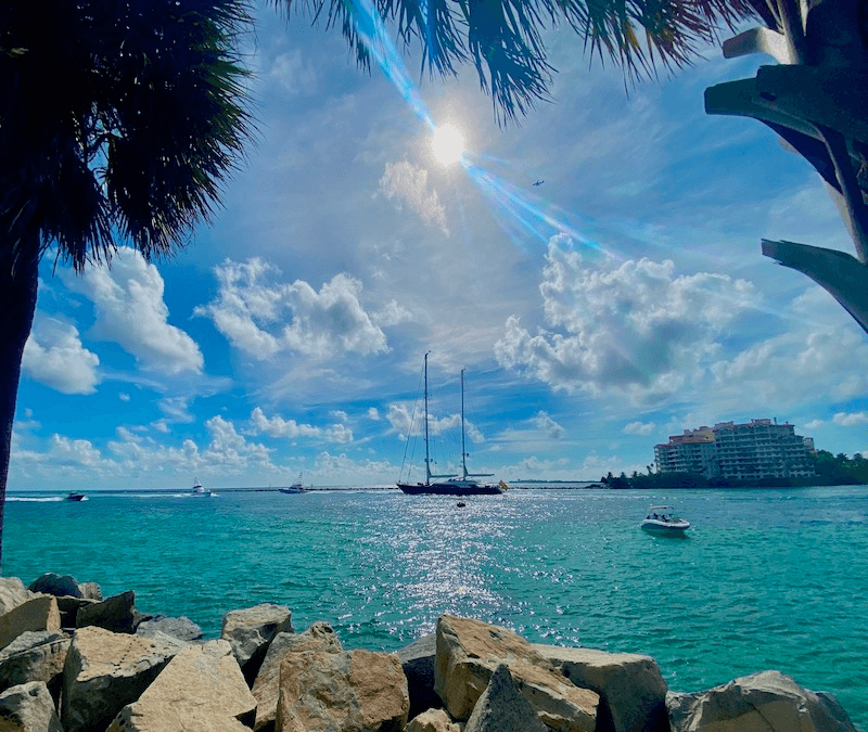 Sailboats anchored in turquoise Miami bay with sunny skies