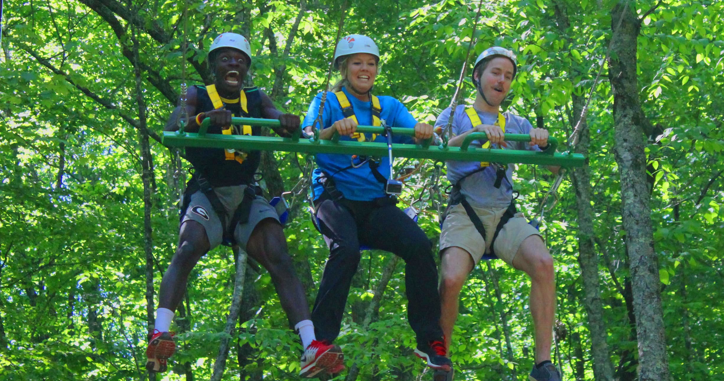 Group zipline riders on canopy platform amid green forest
