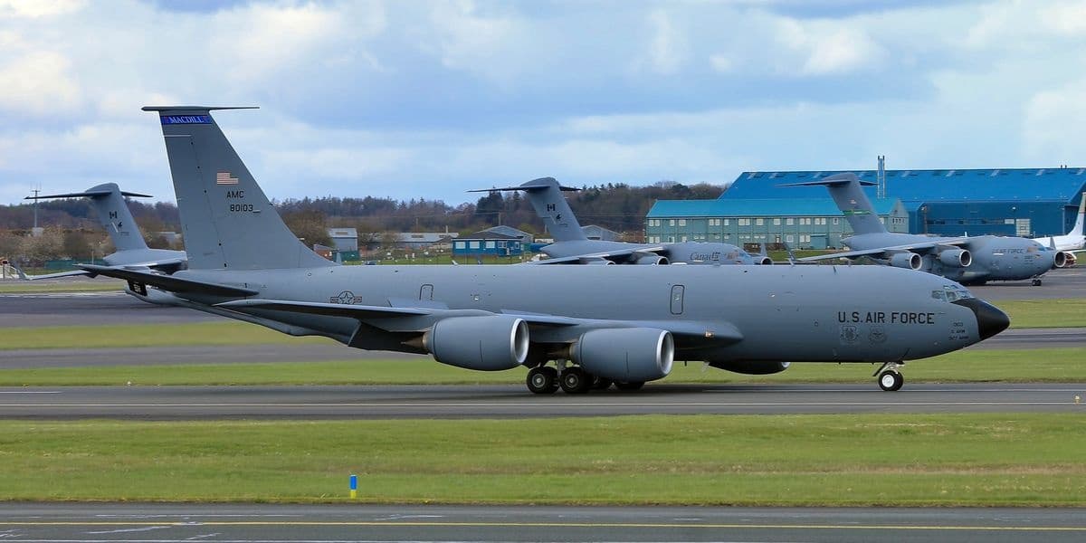 C-17 military transport taxiing on Prestwick Airport runway