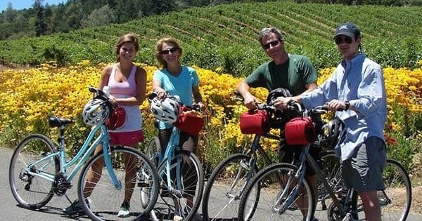 Group bicycle tour in sunlit vineyard with wildflower backdrop