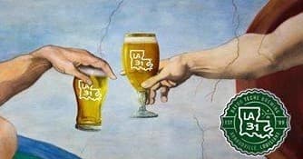 Artistic beer toast illustration with brewery logo and glasses