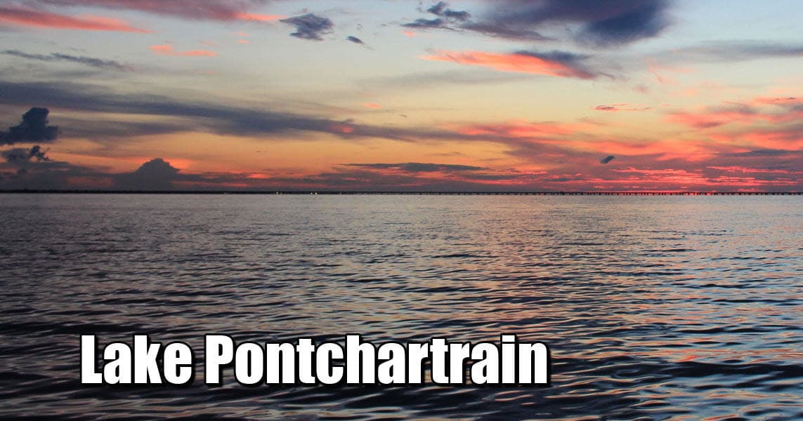 Sunset over Lake Pontchartrain, calm waterfront vista