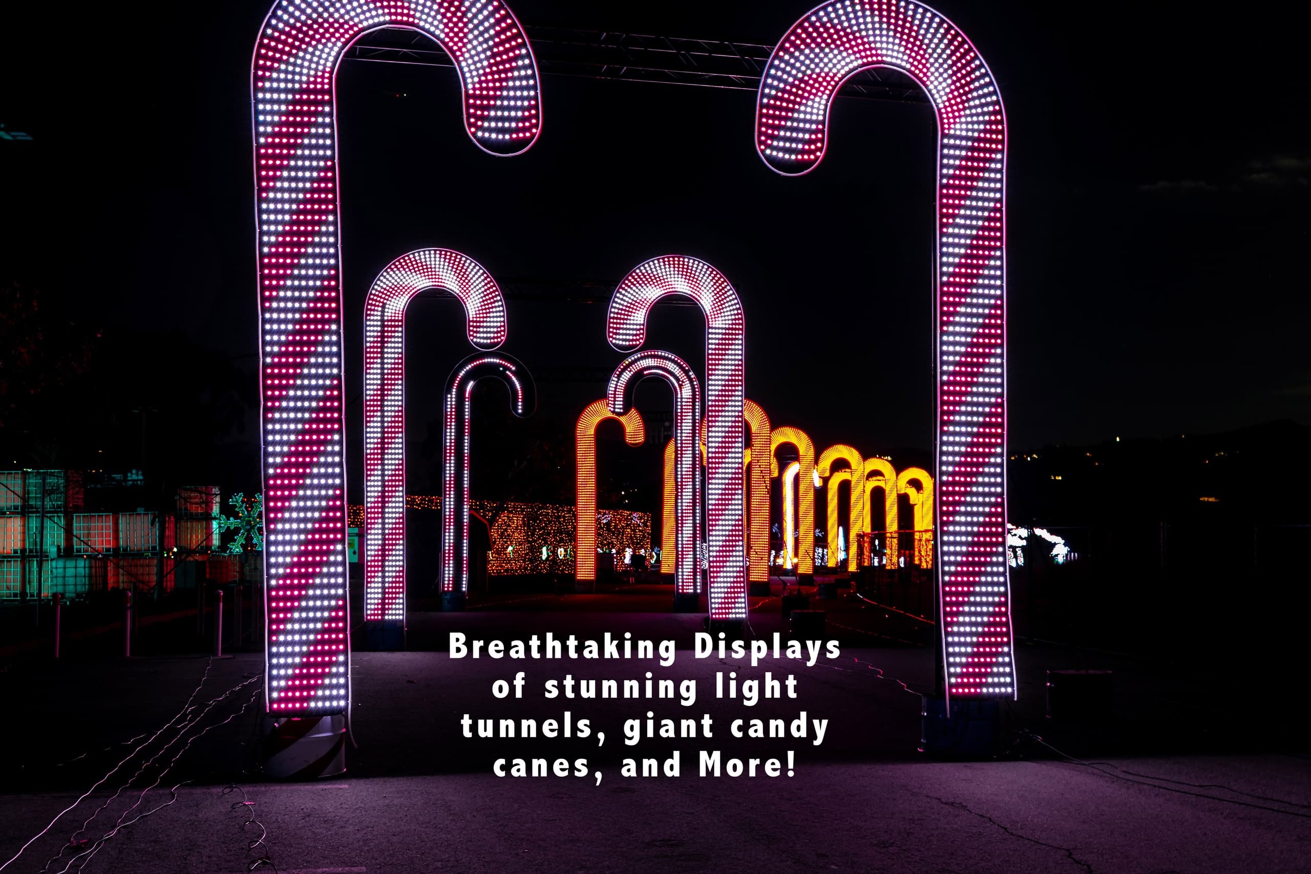 Giant candy cane light tunnels at Christmas in the park display