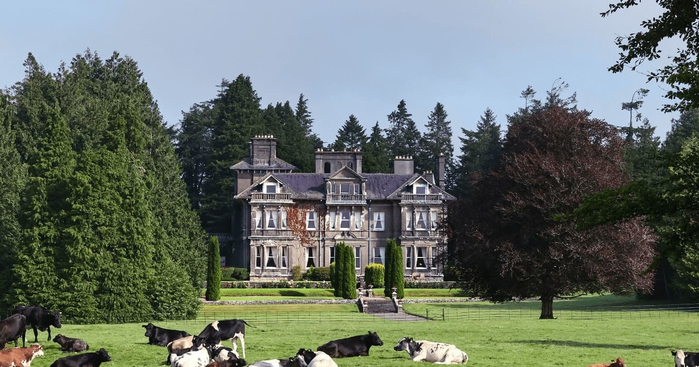 Victorian country house with grazing cows on landscaped grounds