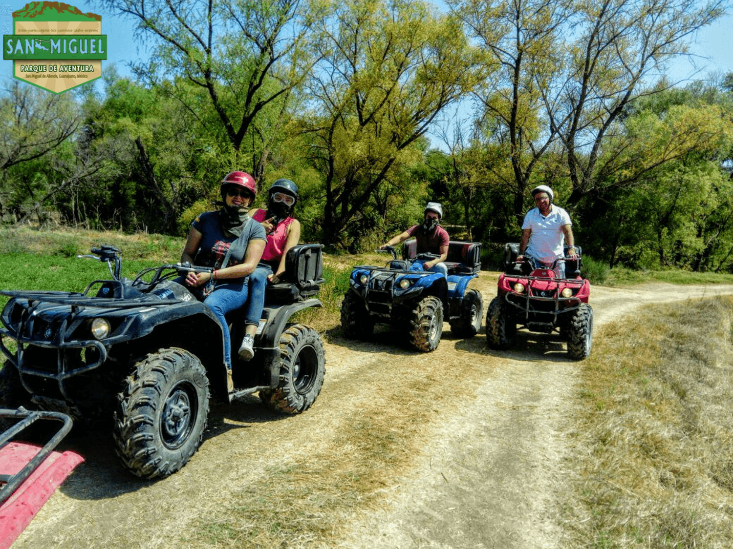 Group riding ATVs on dirt road through wooded countryside