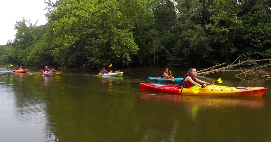 Colorful kayakers paddling down shaded river under trees