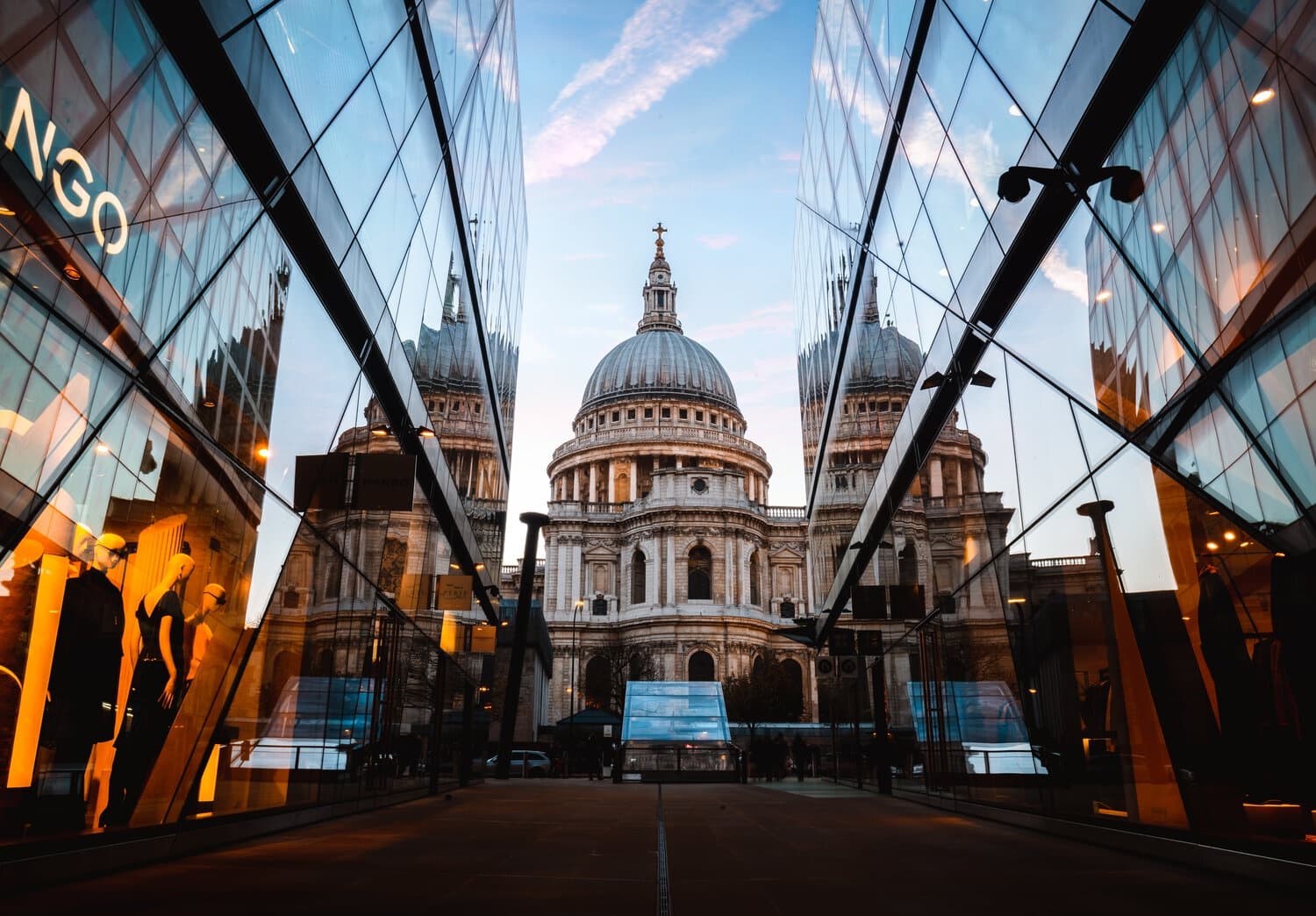 St Paul's Cathedral reflected in modern glass, London cityscape