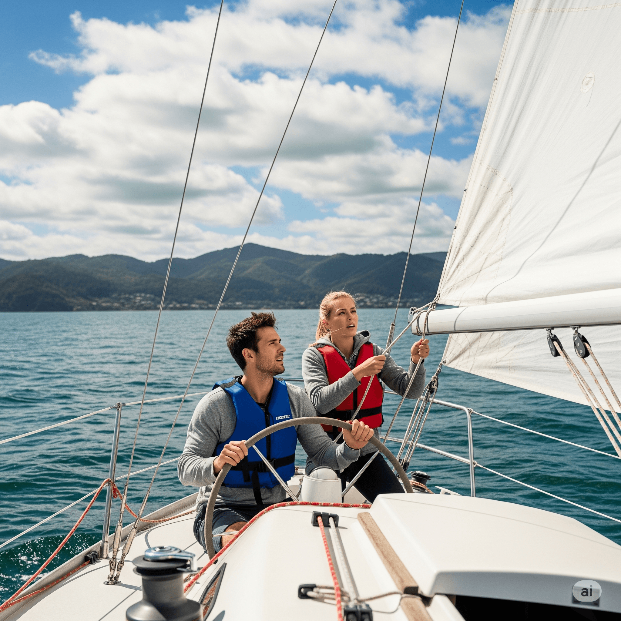 Couple steering sailboat near coastal hills on sunny day