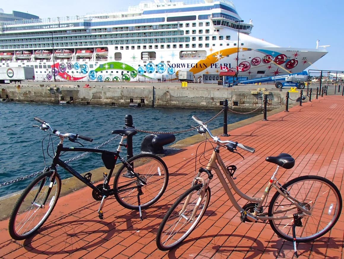 Bicycles parked on Victoria waterfront near cruise terminal