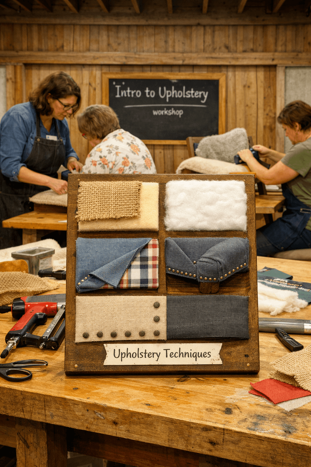 Upholstery Basics Sampler Board at GSM Fiber Fair with Dr. Candace Jones