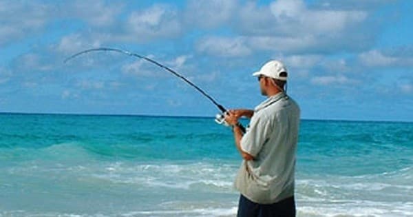 Angler surf fishing along sandy beach under blue sky