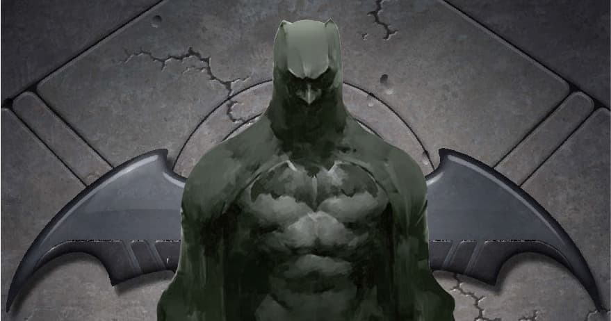 Statue of Batman on rooftop against moody sky, urban night scene