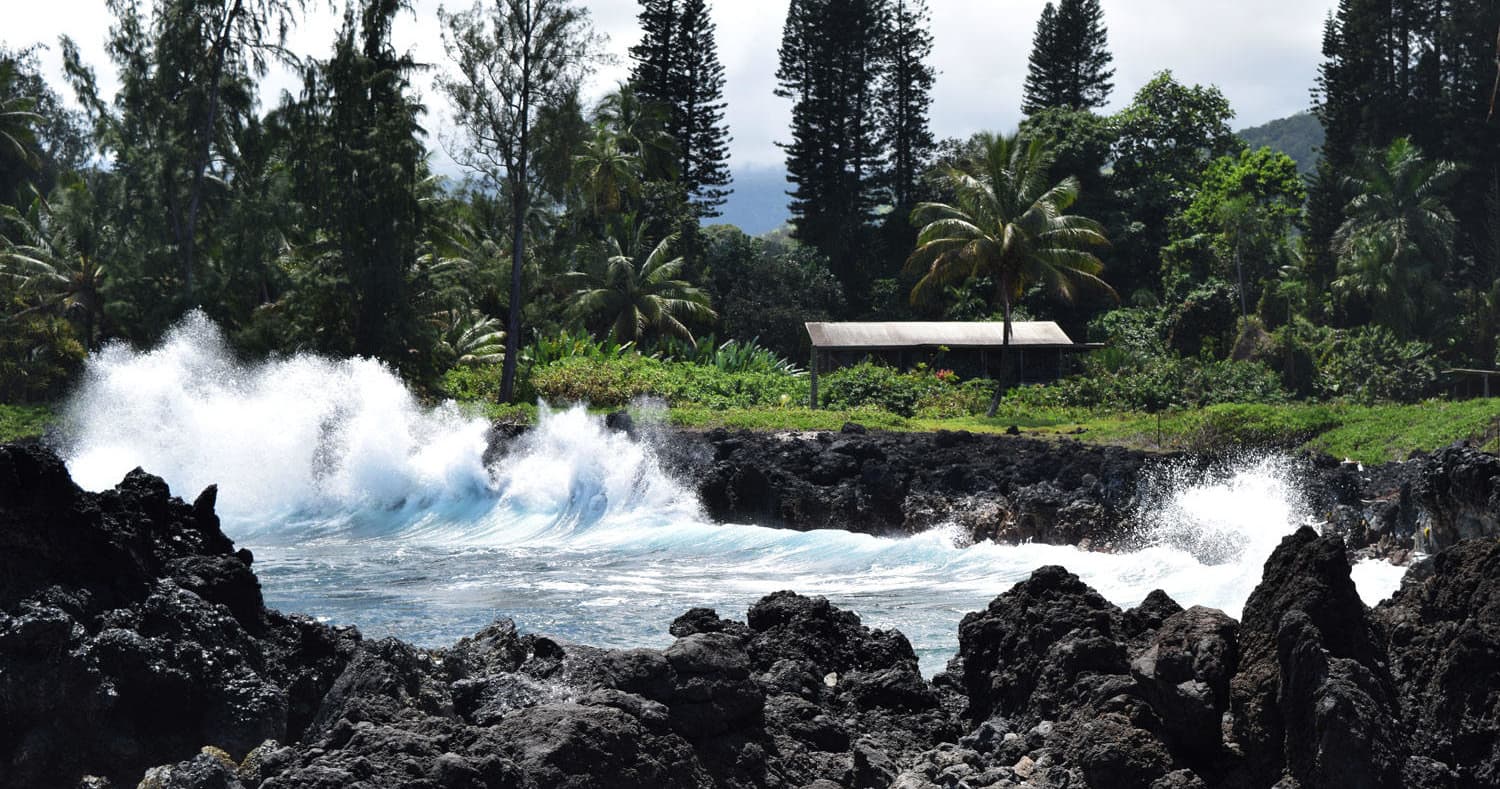 Waves crashing on black lava coastline in Maui, scenic shore viewing