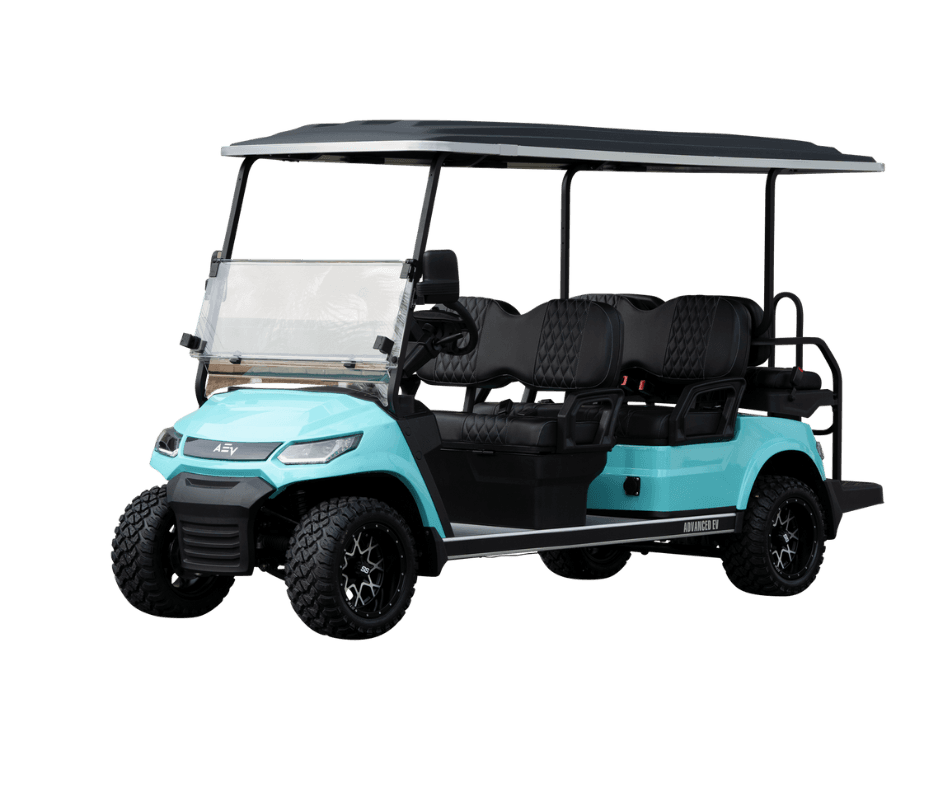 Turquoise street-legal golf cart on white studio backdrop