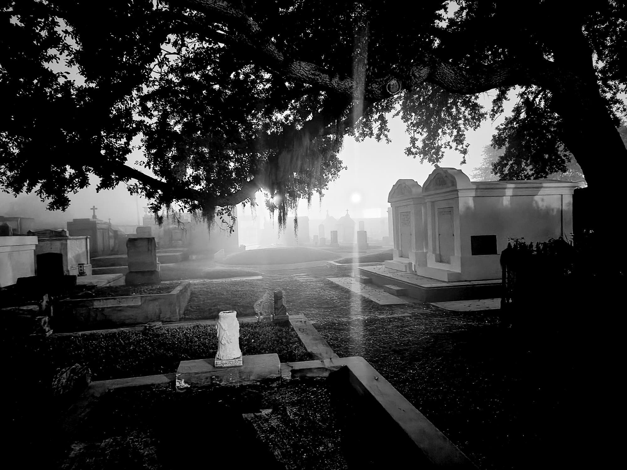 Historic above-ground cemetery in New Orleans, eerie sunrise