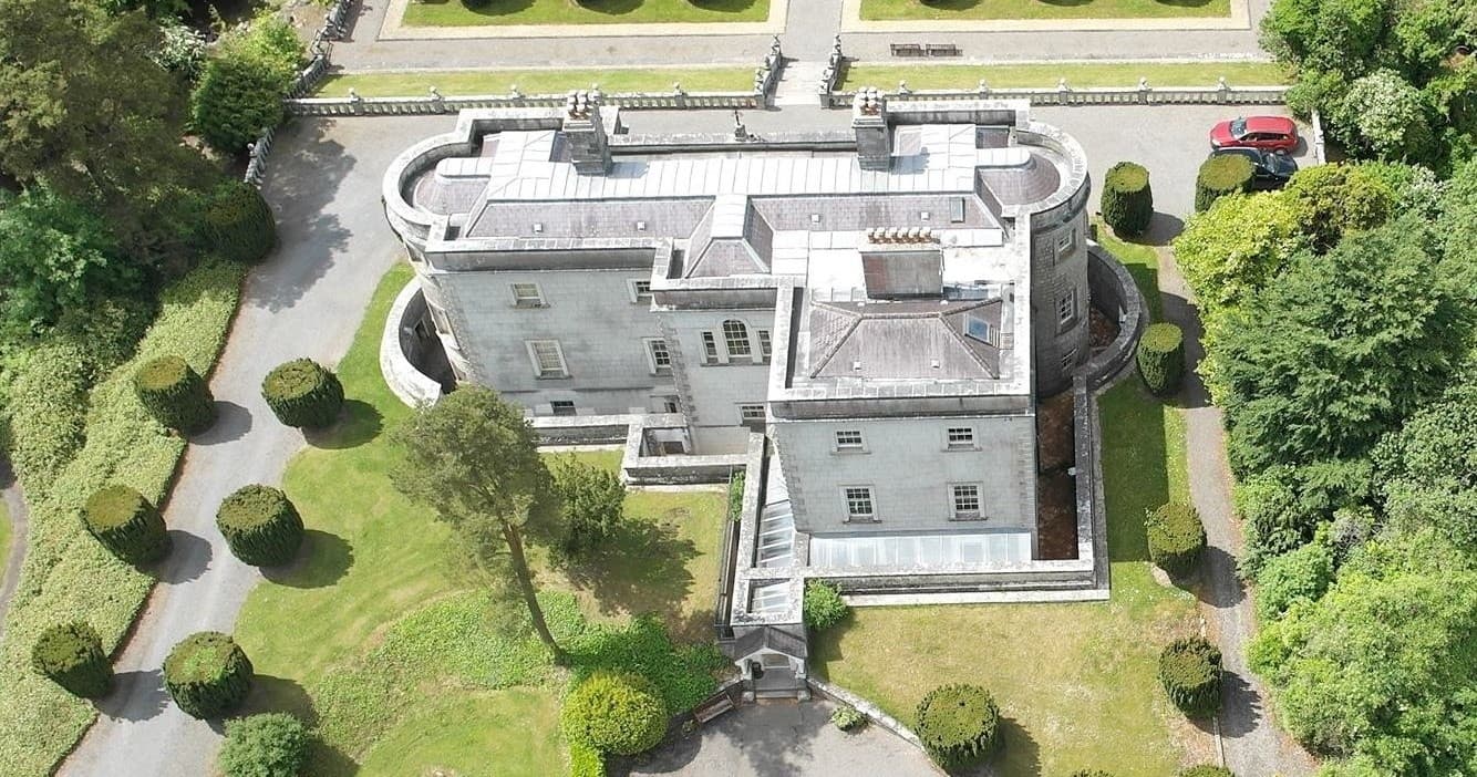 Aerial view of historic Belvedere House and formal gardens