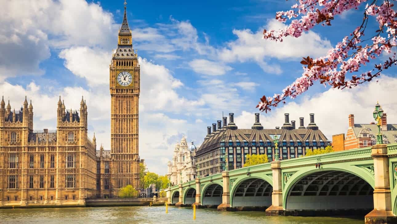 Big Ben and Palace of Westminster skyline along the River Thames, London