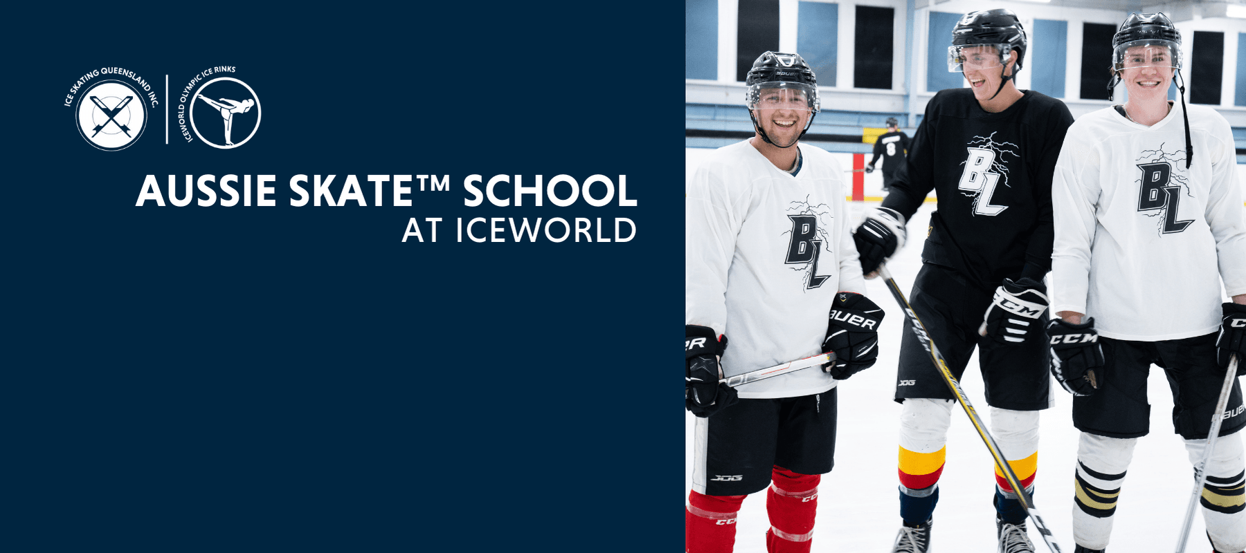 Youth ice hockey players posing on Iceworld Boondall indoor rink