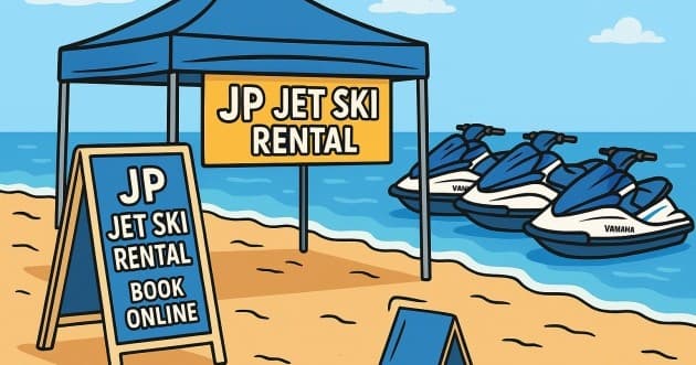 Jet ski rentals lined up on sandy beach by blue ocean