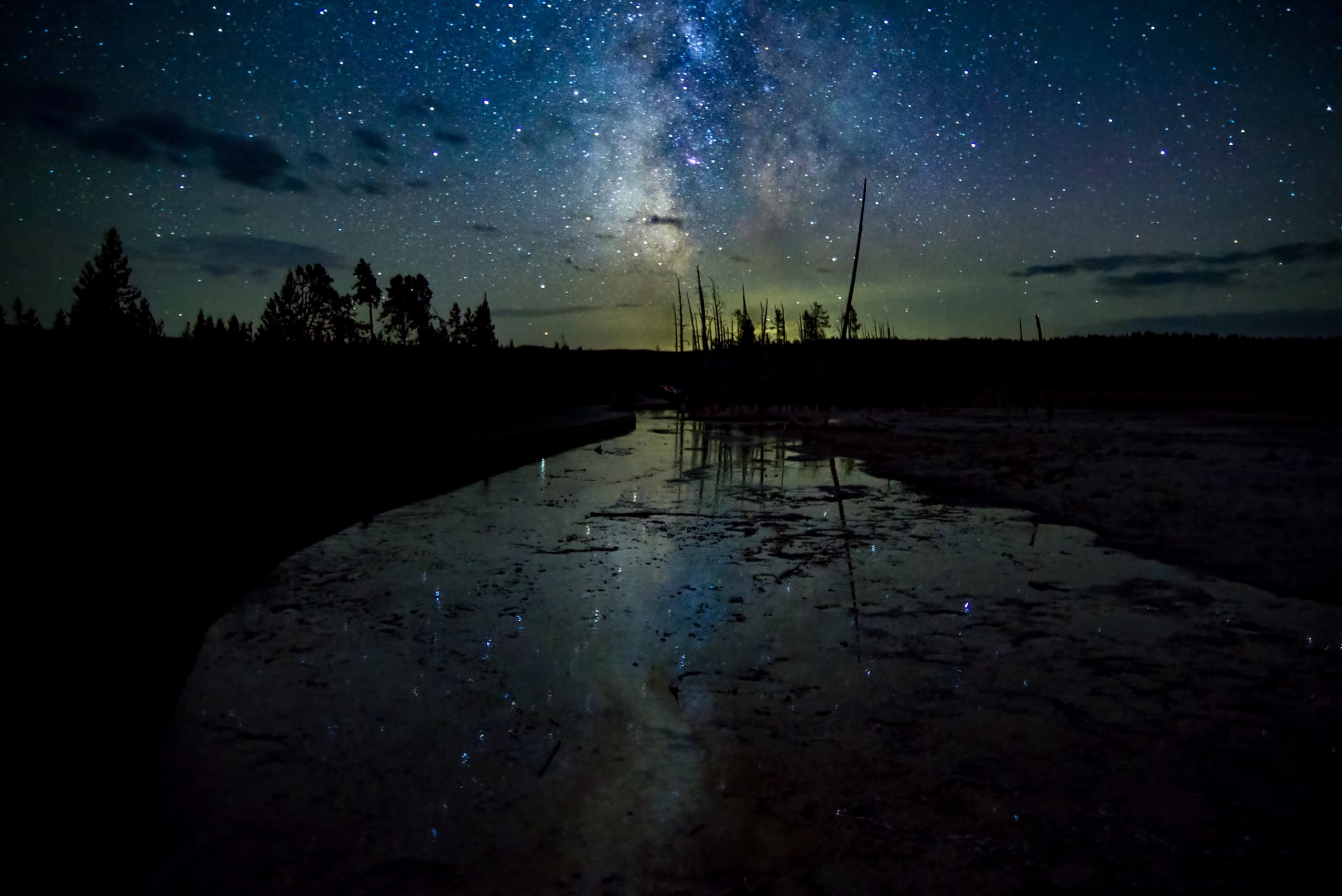 Milky Way night sky reflecting over Yellowstone wetland
