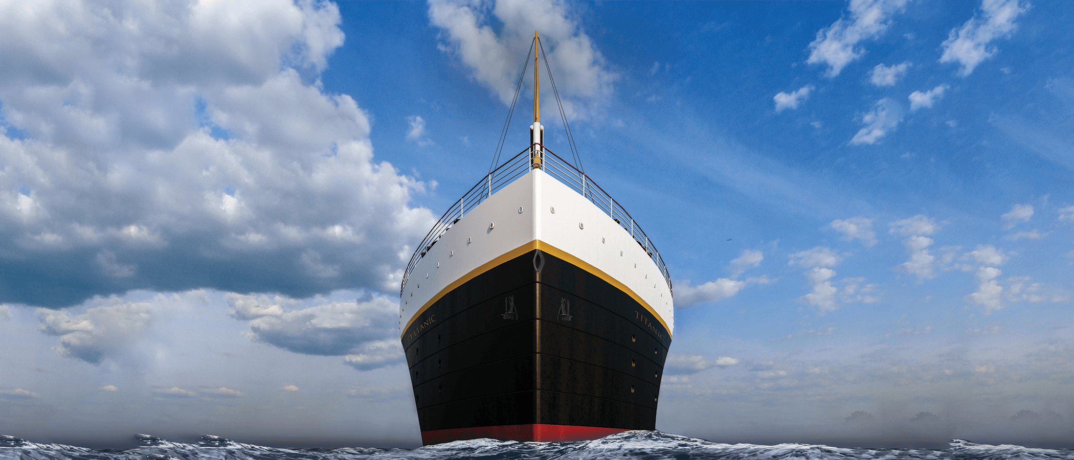 Titanic bow on open ocean under blue sky, ship exterior panorama