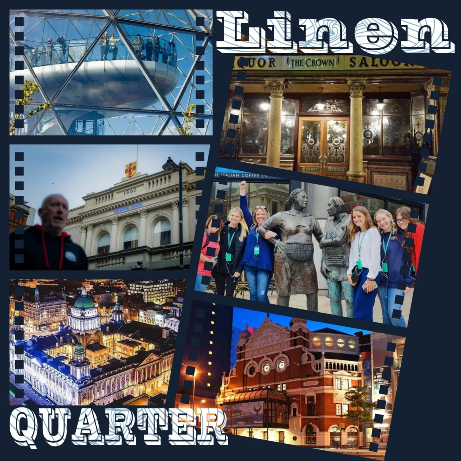 Linen Quarter building facades and urban walking tour scenes