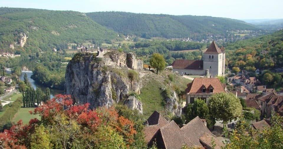 Hilltop village and river valley, panoramic countryside sightseeing