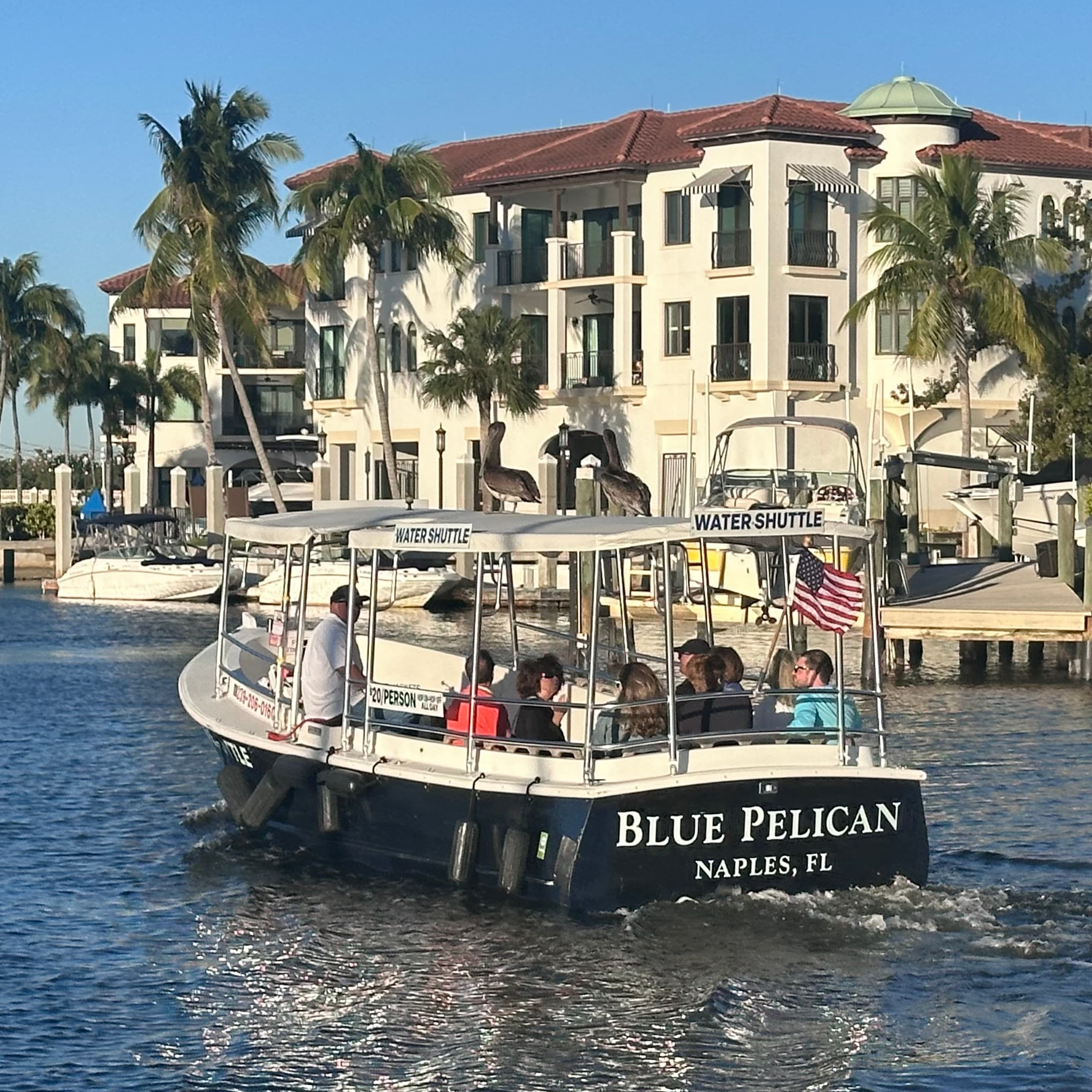 Blue Pelican boat charter cruising marina near Naples