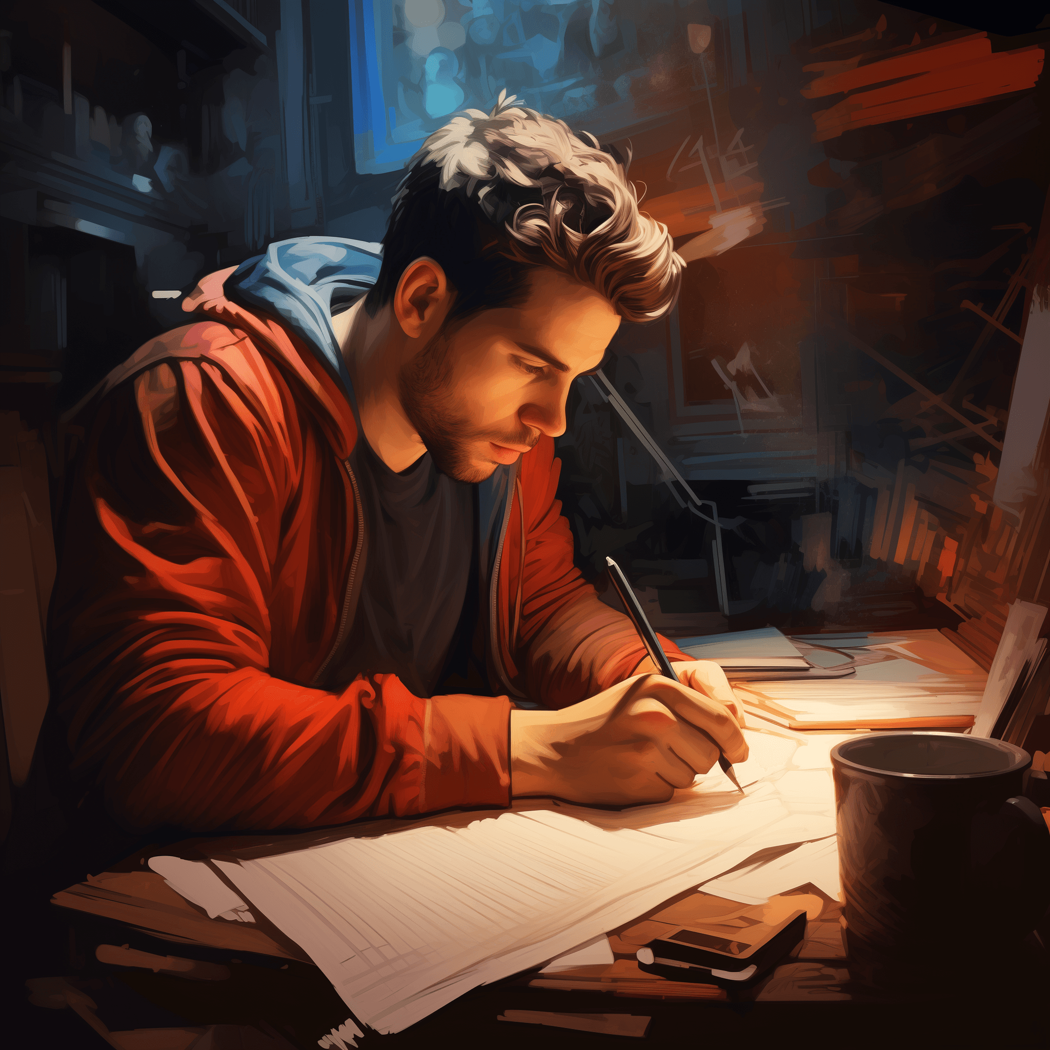 Man writing at desk indoors, warm study workspace scene