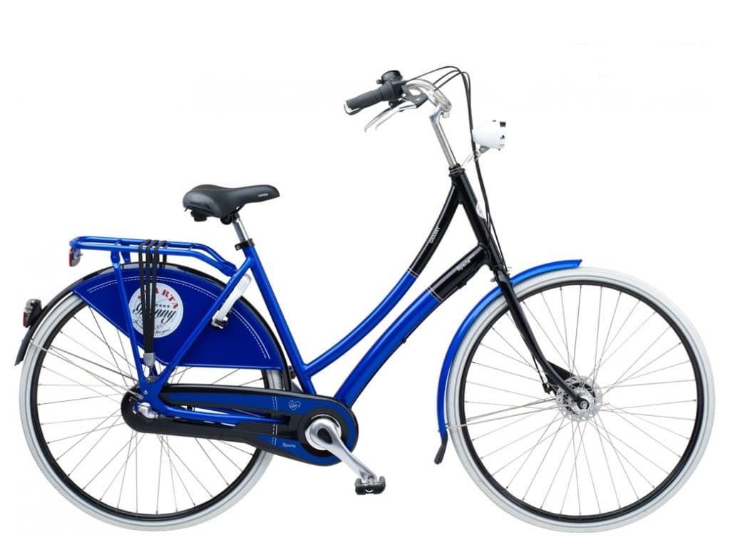 Blue Dutch city bike on white background for rentals