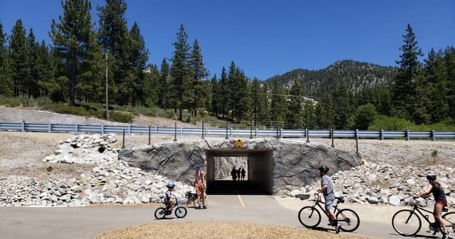 Cyclists riding on paved trail past underpass in forested mountains
