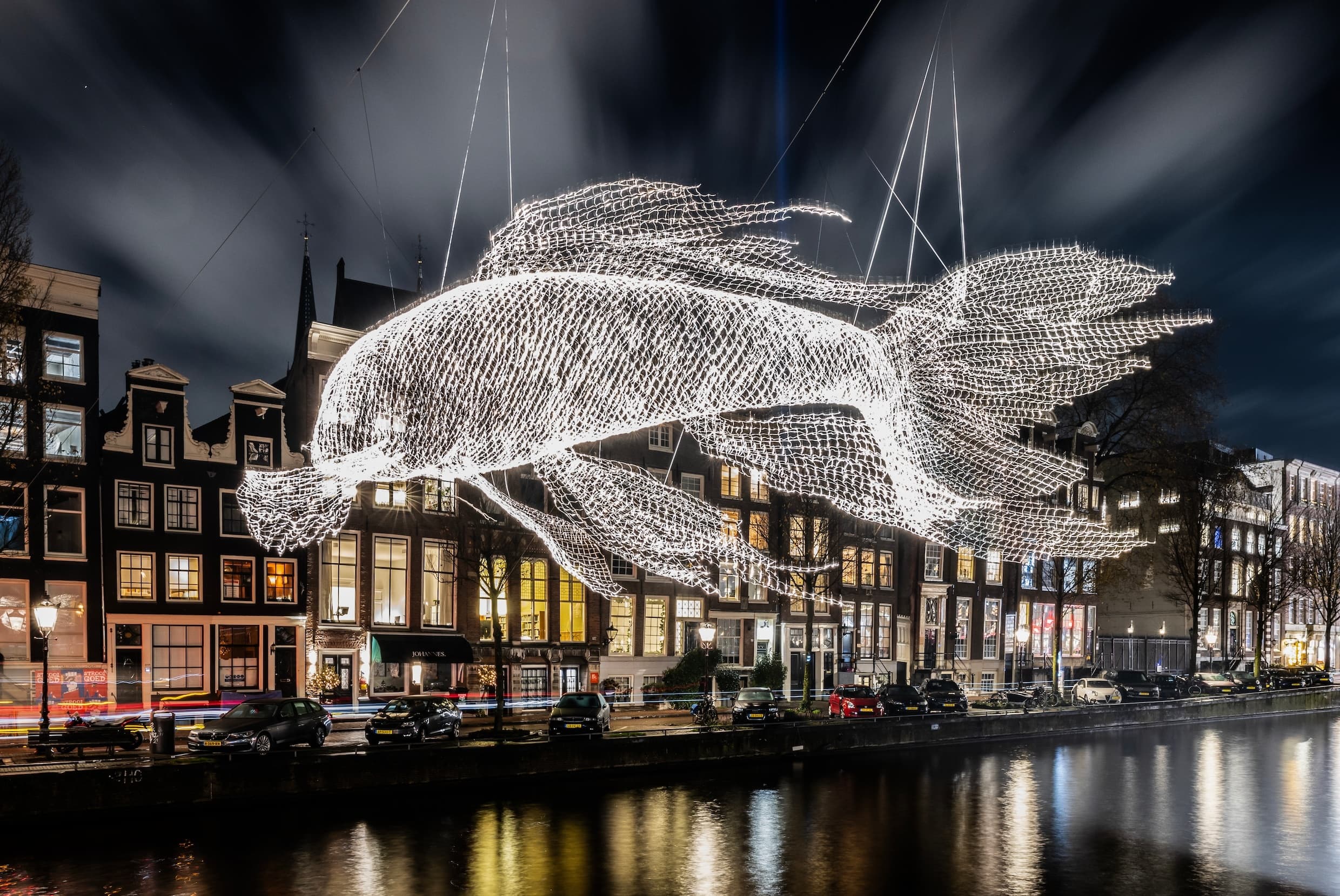 Illuminated fish light installation over Amsterdam canal at night