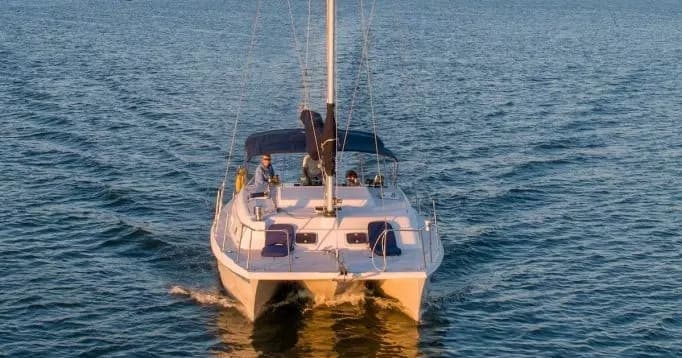 Stern view of catamaran cruising at sunset on open ocean