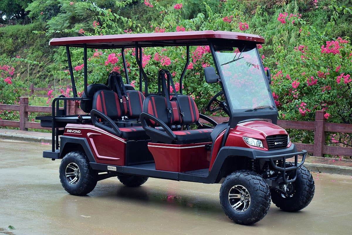 Multi-passenger off-road golf cart on wet park trail