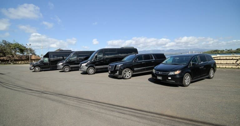 Fleet of black SUVs lined on coastal road with ocean horizon