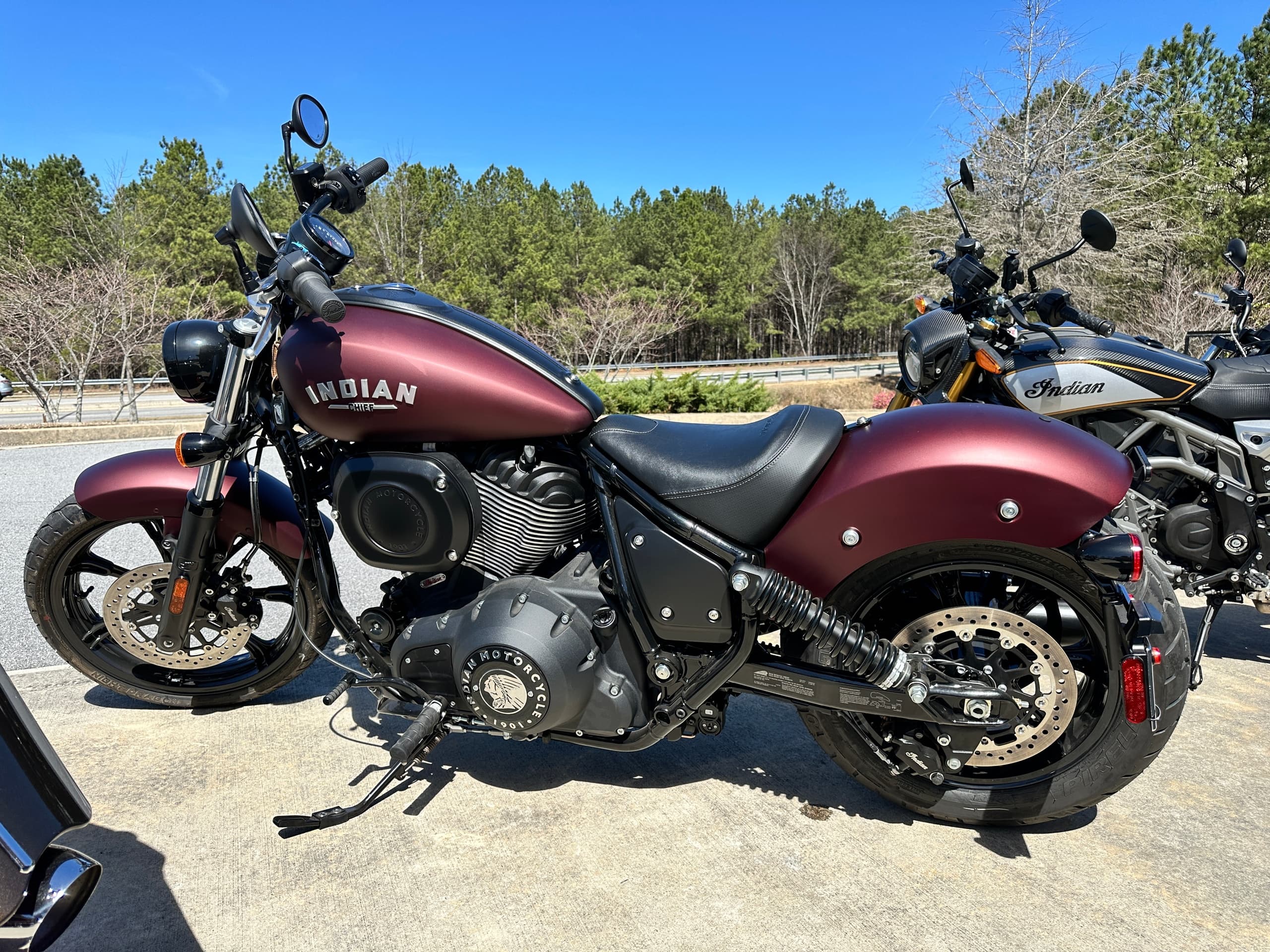 Matte maroon Indian cruiser parked outdoors by pines and road