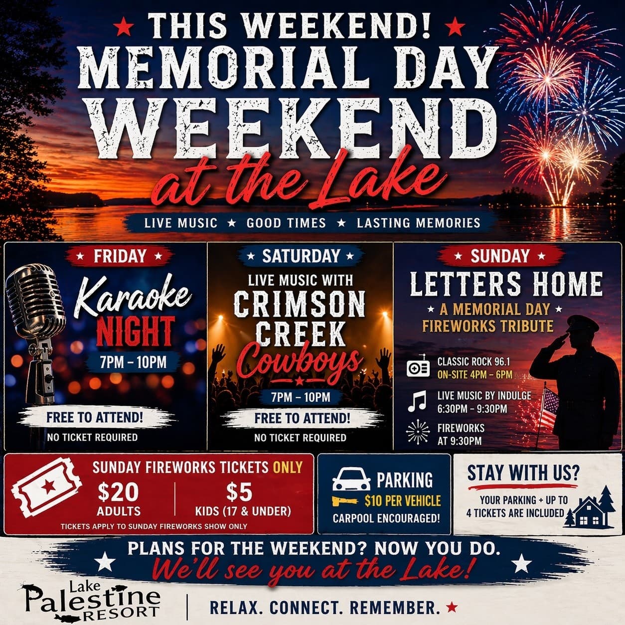 Letters Home Memorial Day Fireworks and Vendor Festival at Lake Palestine