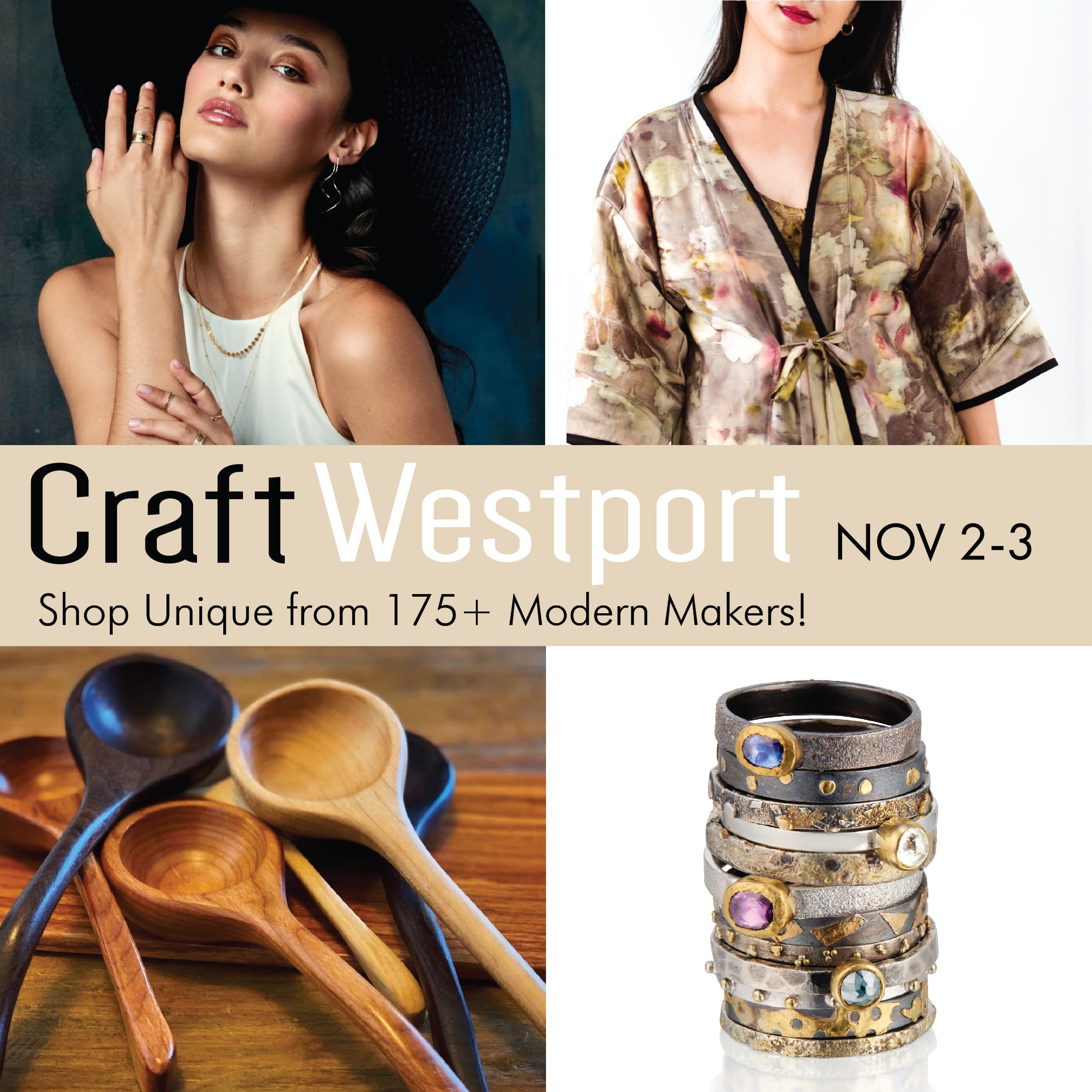 Artisan craft fair collage in Westport showing jewelry, textiles
