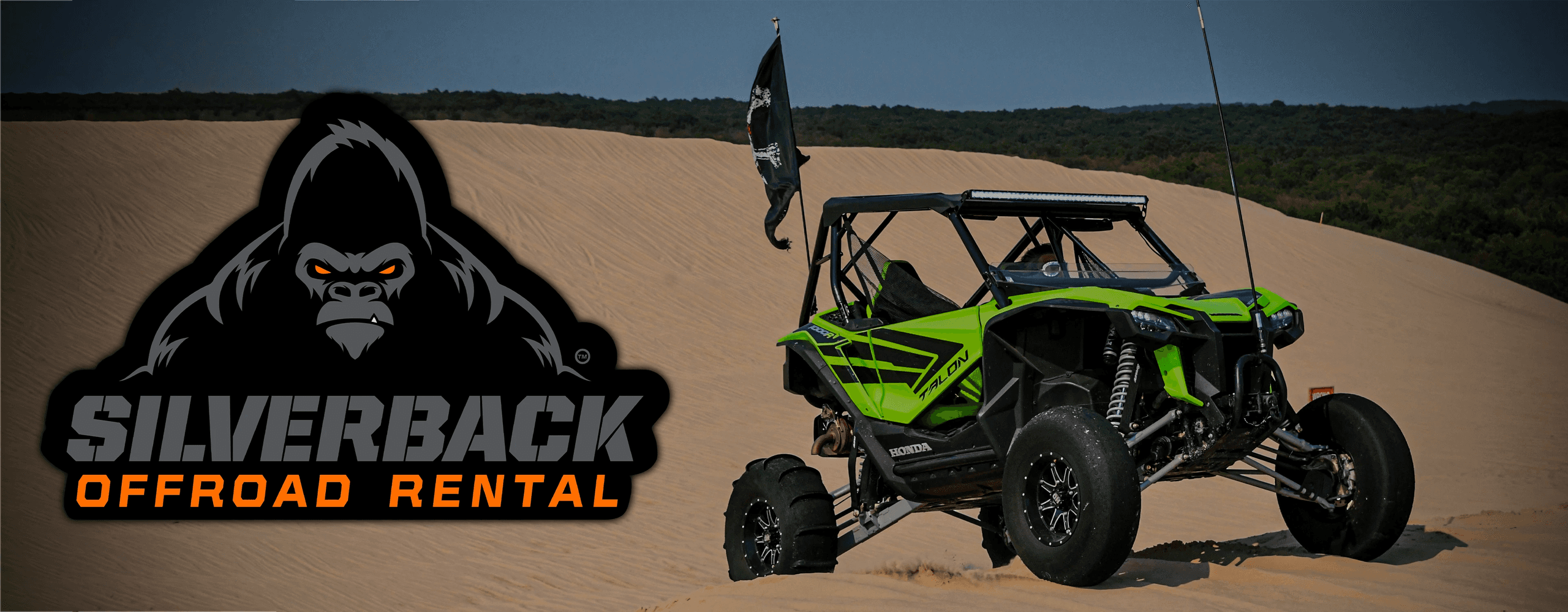 Bright green UTV cruising sand dunes, Silverback off-road rental