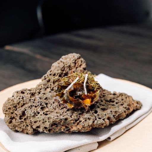 Gourmet dish served on volcanic rock plate, Azores tasting