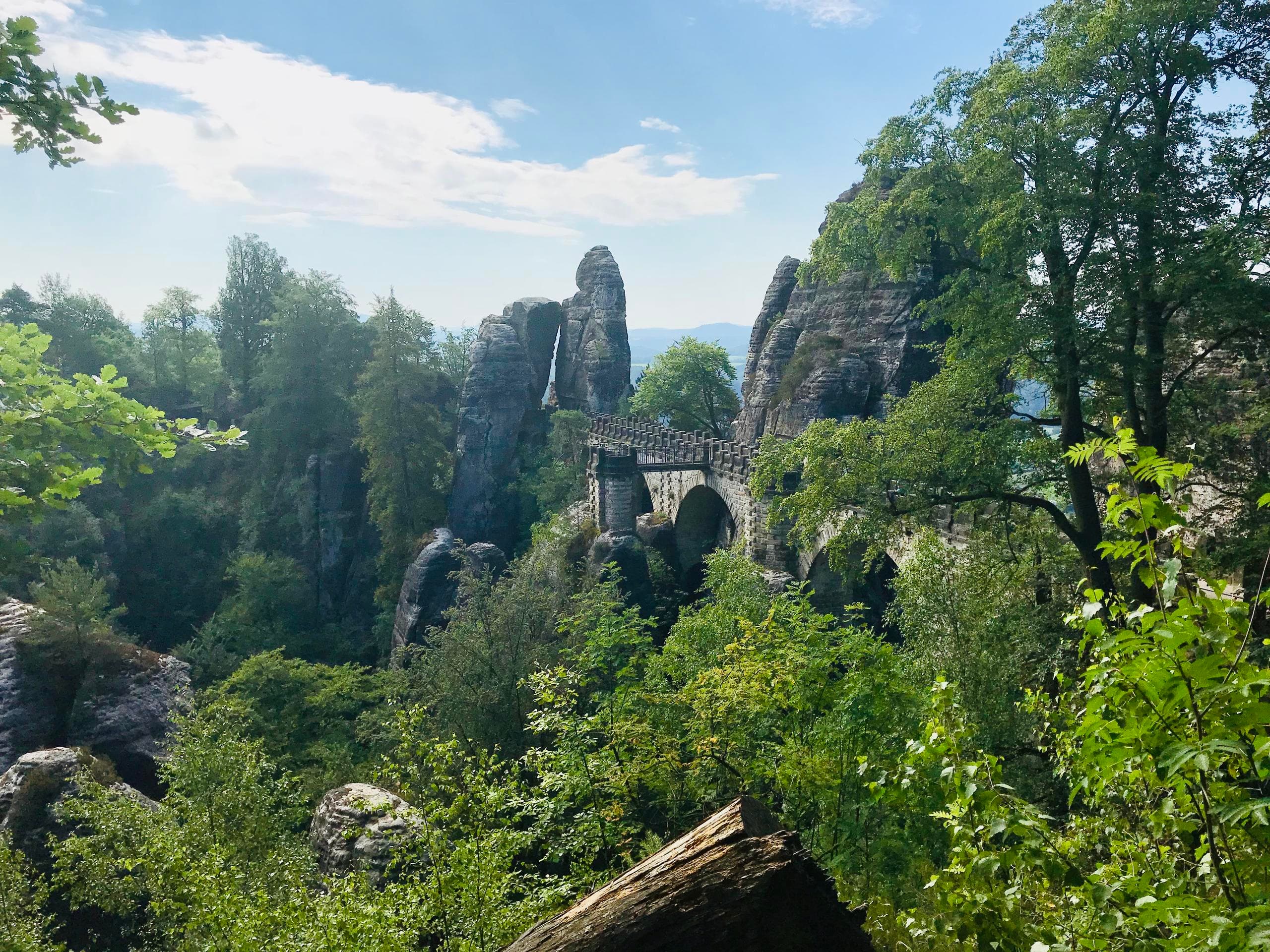 Forest hike through sandstone rock formations with bridge view